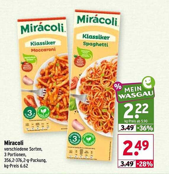 Miracoli verschiedene Sorten, 3 Portionen, 356,2-376,2-g-Packung, kg-Preis 6.62