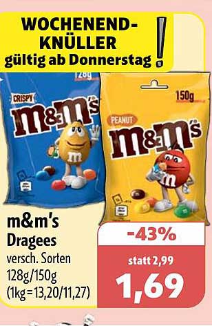 m&m's Dragees versch. Sorten 128g/150g (1kg = 13,20/11,27)