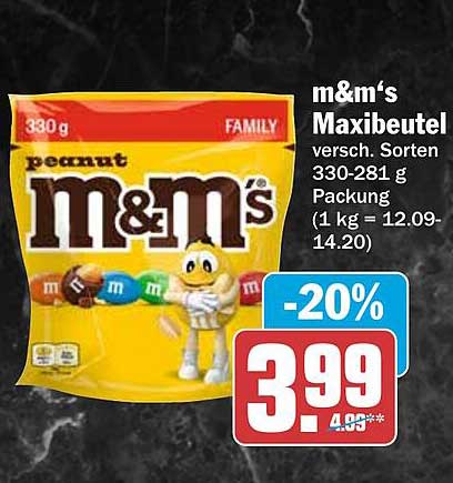 m&m's Maxibeutel versch. Sorten 330-281 g Packung (1 kg = 12.09-14.20)