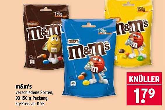 m&m's verschiedene Sorten, 93-150-g-Packung, kg-Preis ab 11.93