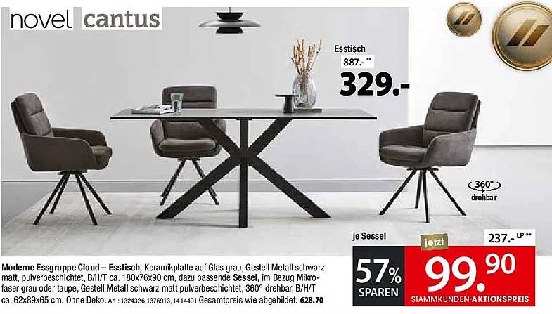 Moderne Essgruppe Cloud – Esstisch, Keramikplatte auf Glas grau, Gestell Metall schwarz matt, pulverbeschichtet, B/H/T ca. 180x76x90 cm, dazu passende Sessel, im Bezug Mikrofaser grau oder taupe, Gestell Metall schwarz matt pulverbeschichtet, 360° drehbar