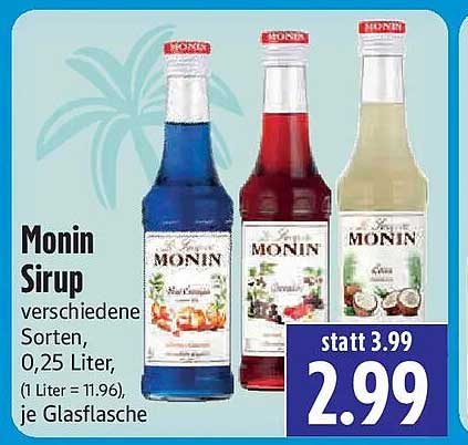 Monin Sirup verschiedene Sorten, 0,25 Liter, (1 Liter = 11.96), je Glasflasche