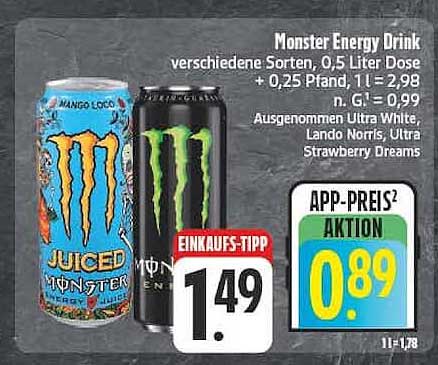 Monster Energy Drink verschiedene Sorten, 0,5 Liter Dose + 0,25 Pfand, 1 l = 2,98 n. G. = 0,99 Ausgenommen Ultra White, Lando Norris, Ultra Strawberry Dreams