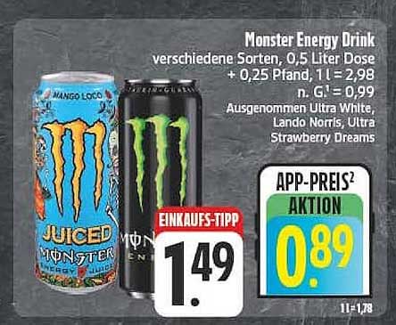 Monster Energy Drink verschiedene Sorten, 0,5 Liter Dose + 0,25 Pfand, 1 l = 2,98 n. G. 1 = 0,99 Ausgenommen Ultra White, Lando Norris, Ultra Strawberry Dreams