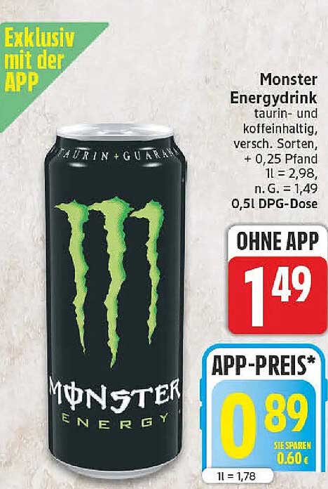 Monster Energydrink taurinhaltig- und koffeinhaltig, versch. Sorten, + 0,25 Pfand 0,5l DPG-Dose