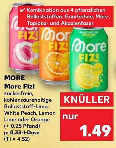 More Fizi zuckerfreie, kohlensäurehaltige Ballaststoff-Limo, White Peach, Lemon Lime oder Orange (+ 0.25 Pfand) je 0,33-l-Dose (1 l = 4.52)