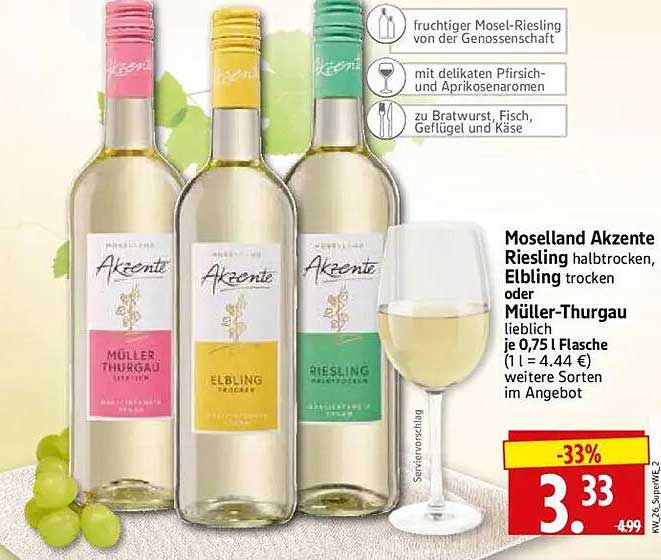 Moselland Akzente Riesling halbtrocken, Elbling trocken oder Müller-Thurgau lieblich