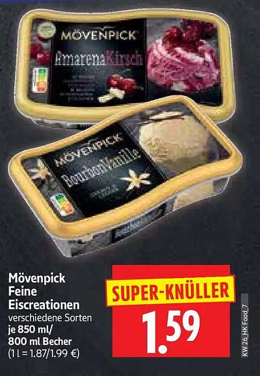 Mövenpick Feine Eiscreationen verschiedene Sorten je 850 ml/ 800 ml Becher (1 l = 1.87/1.99 €)
