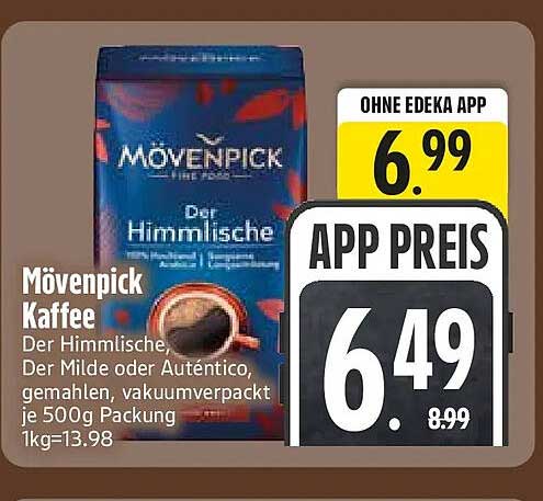 Mövenpick Kaffee Der Himmlische, Der Milde oder Auténtico, gemahlen, vakuumverpackt, je 500 g Packung 1kg=13.98