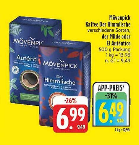 Mövenpick Kaffee Der Himmlische verschiedene Sorten, der Milde oder El Auténtico 500 g Packung 1 kg = 13,98 n. G. = 9,49