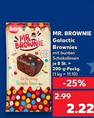 MR. BROWNIE Galactic Brownies mit bunten Schokolinsen je 8 St. = 200-g-Pack. (1 kg = 11.10)