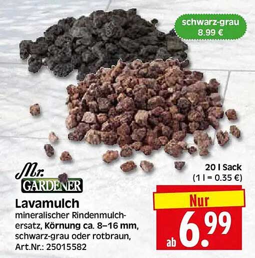 Mr. Gardener Lavamulch mineralischer Rindenmulchersatz, Körnung ca. 8–16 mm, schwarz-grau oder rotbraun, Art.Nr.: 25015582