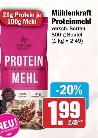 Mühlenkraft Proteinmehl versch. Sorten 800 g Beutel (1 kg = 2.49)