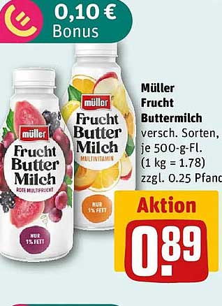 Müller Frucht Buttermilch versch. Sorten, je 500-g-Fl.