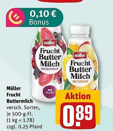Müller Frucht Buttermilch versch. Sorten, je 500 g-Fl.
