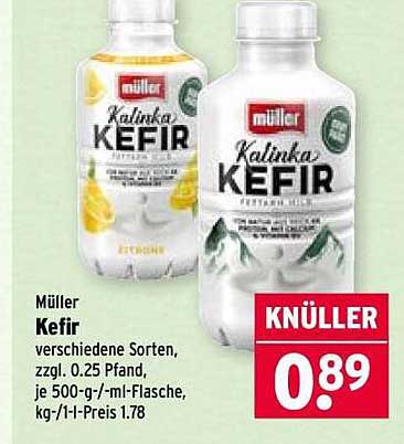 Müller Kefir verschiedene Sorten, zzgl. 0.25 Pfand, je 500-g-/-ml-Flasche, kg-/-l-Preis 1.78