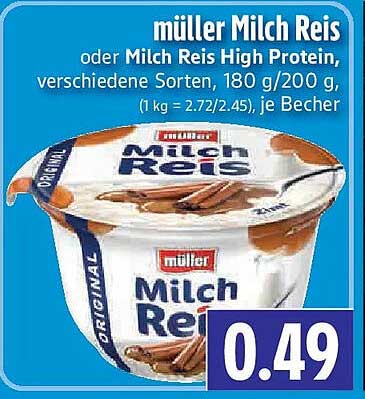 müller Milch Reis oder Milch Reis High Protein, verschiedene Sorten, 180 g/200 g, (1 kg = 2.72/2.45), je Becher