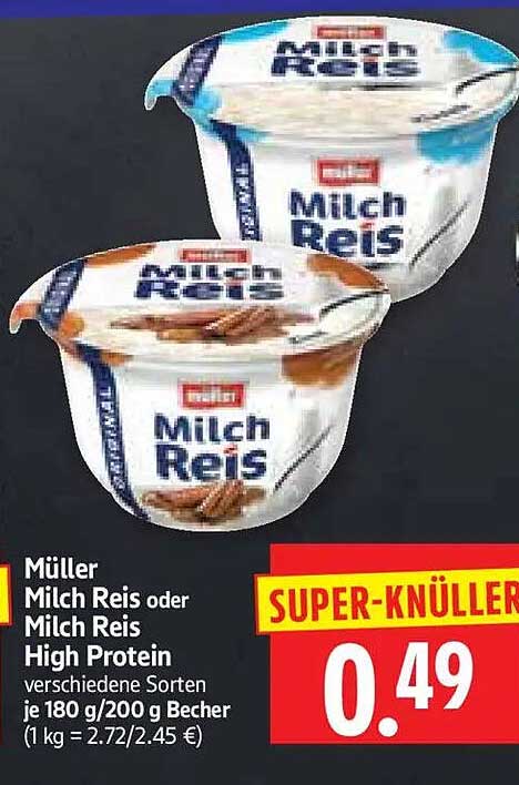 Müller Milch Reis oder Milch Reis High Protein verschiedene Sorten je 180 g/200 g Becher (1 kg = 2.72/2.45 €)