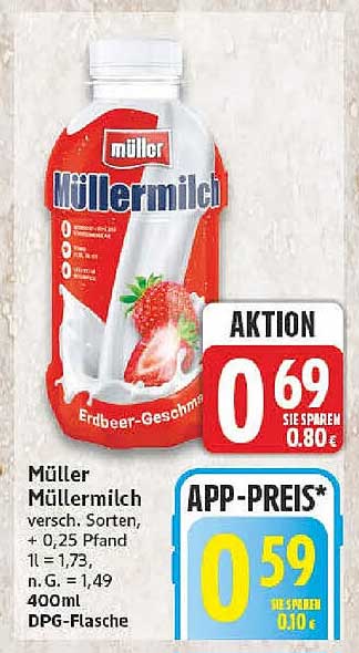 Müller Müllermilch versch. Sorten, + 0,25 Pfand 1 l = 1,73, n. G. = 1,49, 400ml DPG-Flasche