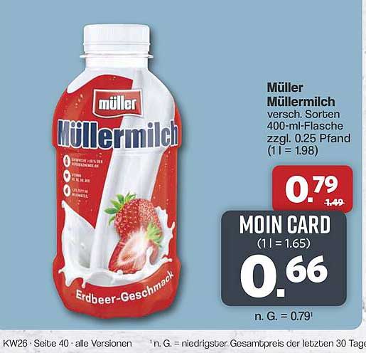 Müller Müllermilch versch. Sorten 400-ml-Flasche zzgl. 0,25 Pfand (1 l = 1.98)