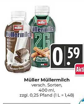 Müller Müllermilch versch. Sorten, 400 ml, zzgl. 0,25 Pfand (1 L = 1,48)