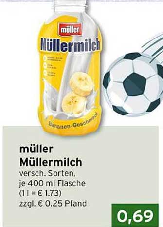 müller Müllermilch versch. Sorten, je 400 ml Flasche (1 l = € 1.73) zzgl. € 0.25 Pfand