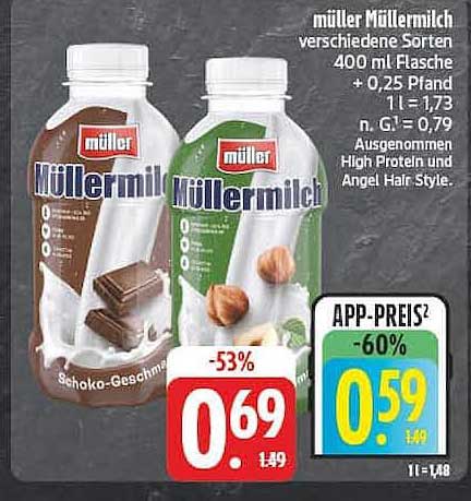 müller Müllermilch verschiedene Sorten 400 ml Flasche + 0,25 Pfand