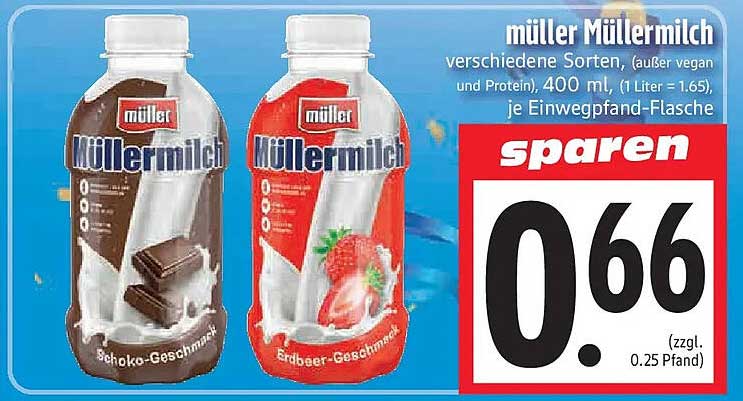 müller Müllermilch verschiedene Sorten, (außer vegan und Protein), 400 ml, (1 Liter = 1.65) je Einwegpfand-Flasche