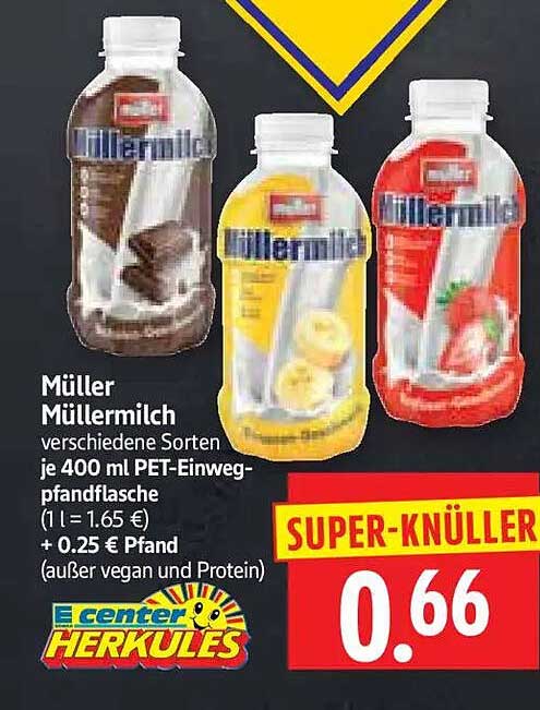 Müller Müllermilch verschiedene Sorten je 400 ml PET-Einweg-pfandflasche (1 l = 1.65 €) +0.25 € Pfand (außer vegan und Protein)