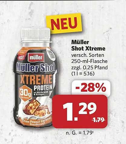 Müller Shot Xtreme versch. Sorten 250-ml-Flasche zzgl. 0.25 Pfand (1 l = 5.16)