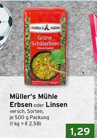 Müller’s Mühle Erbsen oder Linsen versch. Sorten, je 500 g, Packung (1 kg = € 2.58)