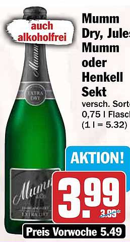 Mumm Dry, Jules Mumm oder Henkell Sekt versch. Sorten, 0,75 l Flasche (1 l = 5.32)