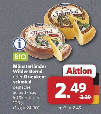 Münsterländer Wilder Bernd oder Grienken-schmied deutscher Schnittkäse, 50 % Fett i. Tr. 100 g (1 kg = 24.90)