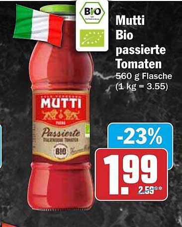 Mutti Bio passierte Tomaten 560 g Flasche (1 kg = 3.55)
