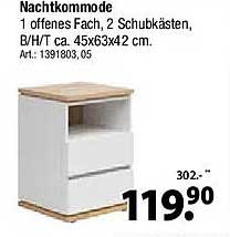 Nachttkommode 1 offenes Fach, 2 Schubkästen, B/H/T ca. 45x63x42 cm. Art.: 1391803, 05