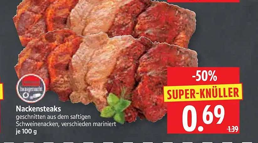 Nackensteaks geschnitten aus dem saftigen Schweinenacken, verschieden mariniert je 100 g