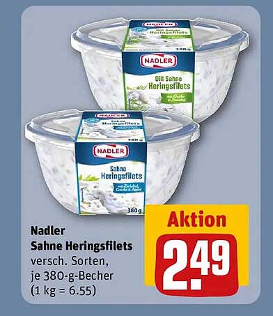 Nadler Sahne Heringsfilets versch. Sorten, je 380-g-Becher (1 kg = 6.55)
