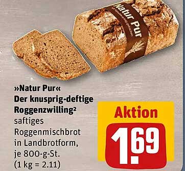 »Natur Pur« Der knusprig-deftige Roggenzwilling? saftiges Roggenmischbrot in Landbrotform, je 800-g-St. (1 kg = 2.11)