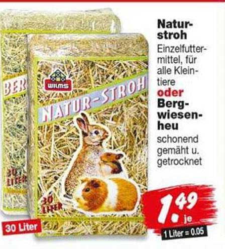 Natur-Stroh Einzelfuttermittel, für alle Kleintiere oder Bergwiesenheu schonend gemäht u. getrocknet