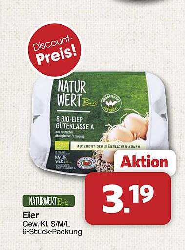 NATURWERT Bio Eier Gew.-Kl. S/M/L 6-Stück-Packung
