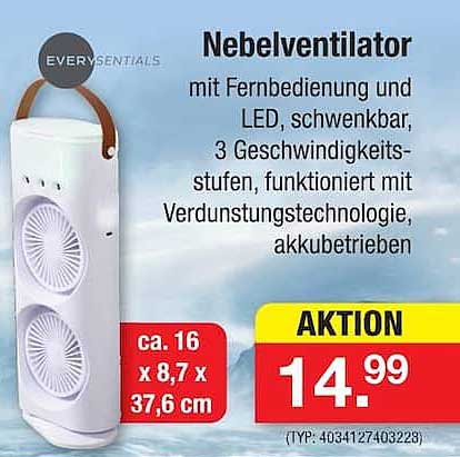 Nebelventilator mit Fernbedienung und LED, schwenkbar, 3 Geschwindigkeitsstufen, funktioniert mit Verdunstungstechnologie, akkubetrieben
