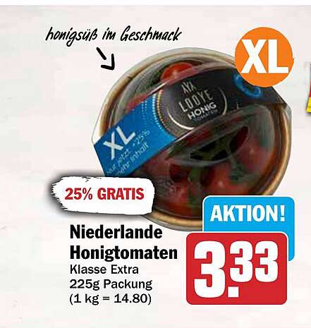Niederlande Honigtomaten Klasse Extra 225g Packung (1 kg = 14.80)
