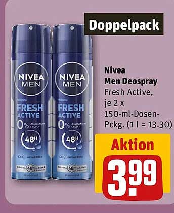 Nivea Men Deospray Fresh Active, je 2 x 150-ml-Dosen-Pckg. (1 l = 13.30)