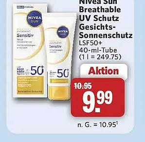 Nivea Sun Breathable UV Schutz Gesichts-Sonnenschutz LSF50+ 40-ml-Tube
