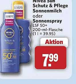 Nivea Sun Schutz & Pflege Sonnenmilch oder Sonnenspray LSF 50+ 200-ml-Flasche (1 l = 39.95)