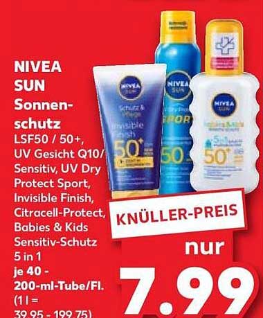NIVEA SUN Sonnenschutz LSF50 / 50+, UV Gesicht Q10/ Sensitiv, UV Dry Protect Sport, Invisible Finish, CitraCell-Protect, Babies & Kids Sensitiv-Schutz 5 in 1 je 40 - 200-ml-Tube/Fl. (1 l = 39,95 - 199,75)