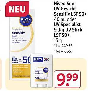 Nivea Sun UV Gesicht Sensitiv LSF 50+ 40 ml oder UV Specialist Silky UV Stick LSF 50+ 15 g