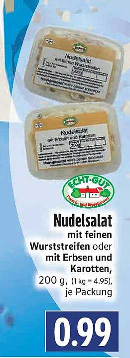 Nudelsalat mit feinen Wurststreifen oder mit Erbsen und Karotten, 200 g, je Packung