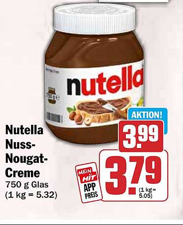 Nutella Nuss-Nougat-Creme 750 g Glas (1 kg = 5.32)