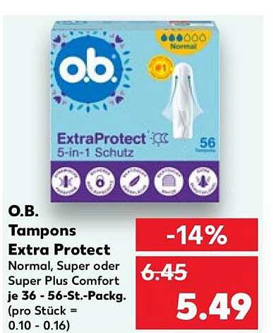 O.B. Tampons Extra Protect Normal, Super oder Super Plus Comfort je 36 - 56-St.-Packg. (pro Stück = 0.10 - 0.16)